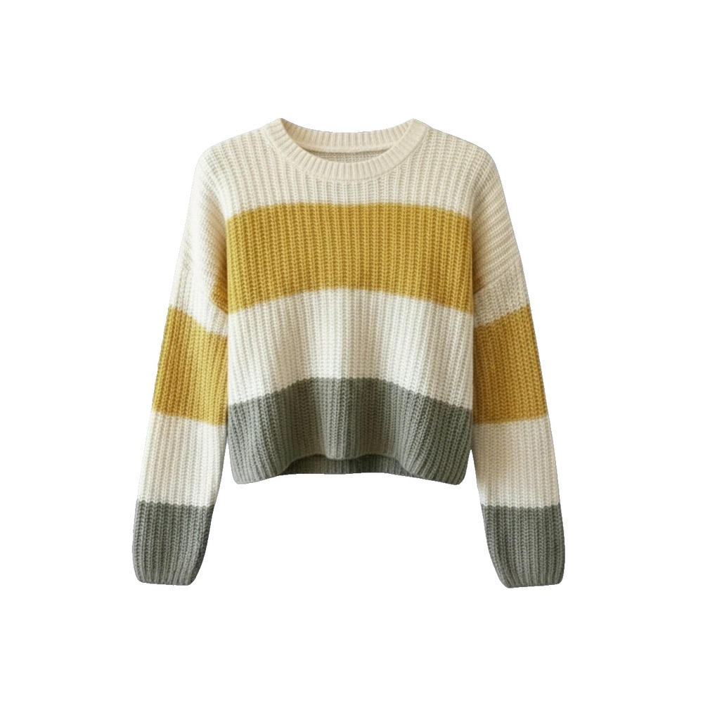 MOON & MADISON Cropped Oversized Sweater IVORY YELLOW SAGE Colorblock Stripe M
